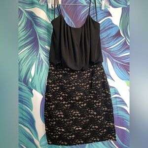 Enfocus Studio Black Lace Mini Dress with Draped Bodice